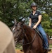 A woman wearing a black polo shirt, blue jeans, and a black riding helmet is seated atop a dark bay horse in an outdoor equestrian arena. The rider appears focused and composed, holding the reins with a relaxed posture. The setting includes a fenced riding area with large trees and what appears to be a facility or barn structure in the background.