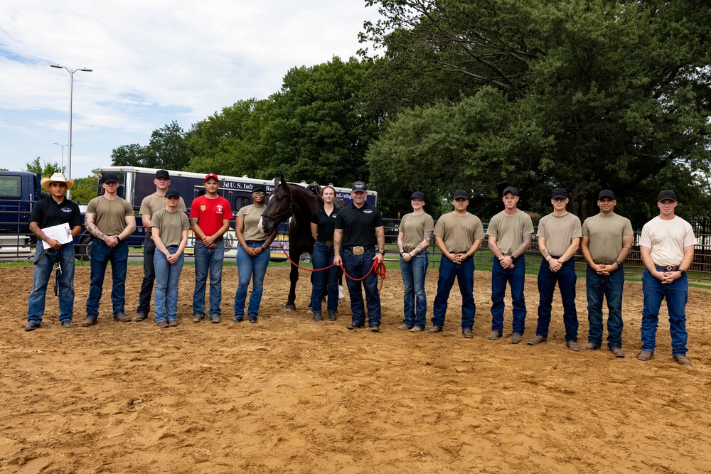 A group of approximately 14 people pose for a group photo in a sandy equestrian arena or paddock, with a dark horse held by two individuals in black shirts at the center. The participants appear to be military personnel in tan/khaki attire alongside civilian instructors, suggesting a equine therapy or horsemanship training program. A trailer in the background bears partial text reading '3d U.S. Inf...' indicating a U.S. Army unit affiliation.