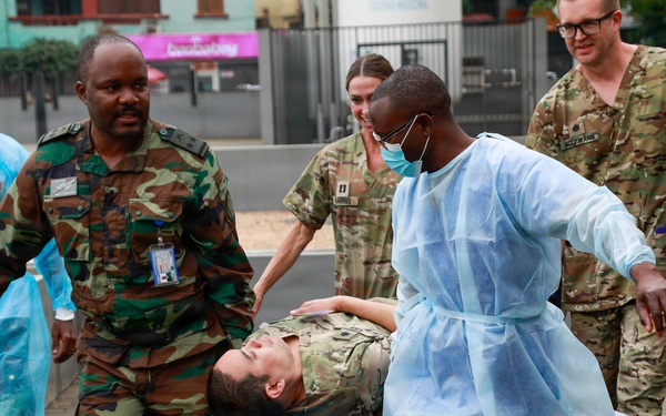 A group of military and medical personnel are carrying a person on a stretcher across a brick-paved outdoor area. The scene appears to depict a medical evacuation drill or training exercise, involving both military uniformed individuals and personnel wearing disposable medical gowns. Multiple nationalities of military uniforms are visible, suggesting a joint or multinational training exercise.