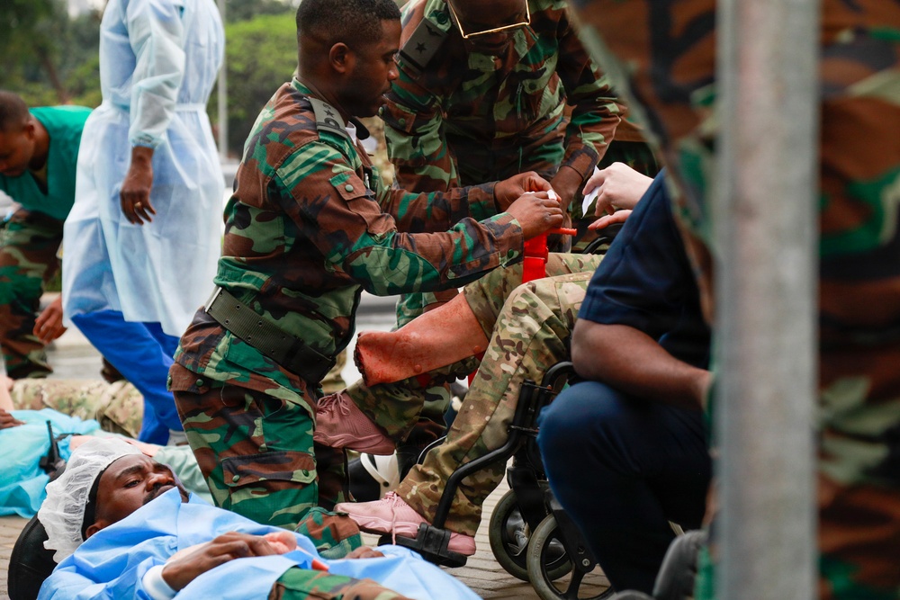 The image depicts what appears to be a mass casualty exercise or emergency medical response scenario involving military personnel and medical staff. Soldiers in camouflage uniforms are providing first aid to individuals on the ground and in a wheelchair, while personnel in white lab coats and scrubs assist nearby. The scene suggests a coordinated disaster response drill or real emergency triage situation.
