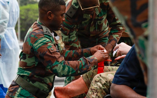 The image depicts what appears to be a mass casualty exercise or emergency medical response scenario involving military personnel and medical staff. Soldiers in camouflage uniforms are providing first aid to individuals on the ground and in a wheelchair, while personnel in white lab coats and scrubs assist nearby. The scene suggests a coordinated disaster response drill or real emergency triage situation.