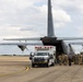 A United States Army ambulance is positioned in front of a large military transport aircraft, likely a C-130 Hercules, on a tarmac. A group of military personnel in camouflage uniforms are gathered near the rear cargo ramp of the aircraft. The scene appears to depict a military medical or logistics operation at an airfield.