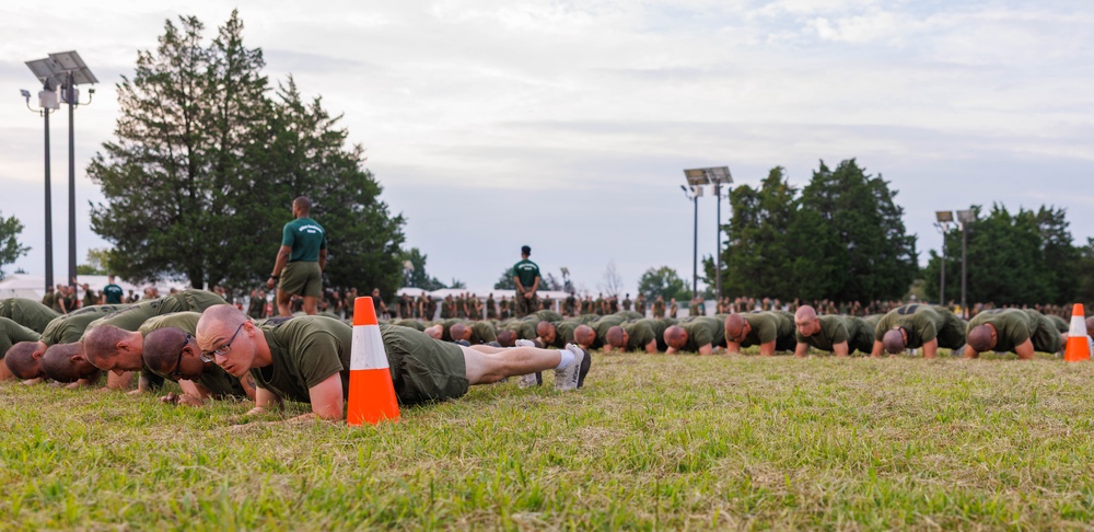 A large group of military personnel in olive drab uniforms are performing push-ups in formation on a grass field. Instructors or supervisors in matching uniforms stand upright observing the exercise. The scene appears to be a physical training session at a military installation, with rows of recruits or trainees extending into the background.