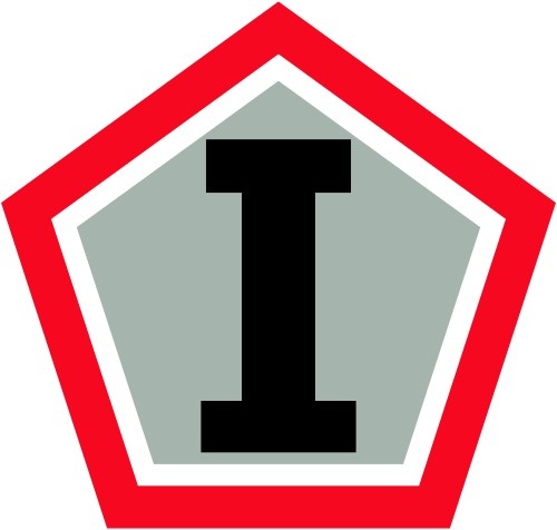 The image depicts a military-style insignia or patch featuring a bold Roman numeral 'I' centered on a gray pentagon, surrounded by a white border and a thick red pentagonal outline. The design is clean, graphic, and appears to be a unit identification symbol. This is consistent with the style of U.S. Army corps or division shoulder sleeve insignia.