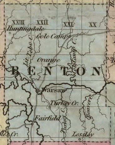 This is a historical map section showing Benton County, likely from Missouri, USA, dating to the mid-19th century. The map displays township grid lines labeled with Roman numerals (XX through XXIII), settlements, waterways, and county boundaries. Key locations including Warsaw (likely the county seat), Cole Camp, Orange, Fairfield, Huntingdale, and Lessley are marked.