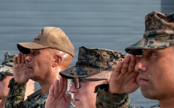 A group of military personnel in various camouflage uniforms are standing in formation and rendering a salute. The group includes members from multiple branches, visibly identified by 'U.S. Navy' and 'Marines' uniform markings. The scene appears to be an outdoor military ceremony or formal event.