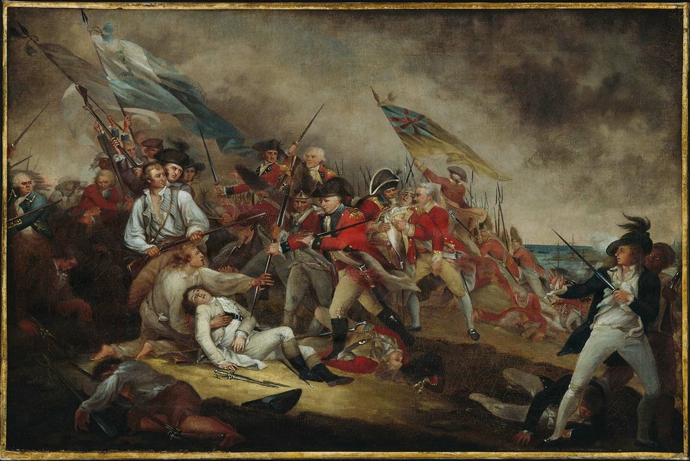 This is a large-scale historical oil painting depicting an 18th-century battle scene, likely the Death of General Warren at the Battle of Bunker Hill (1775), a famous composition by John Trumbull. The painting shows a chaotic clash between British redcoat soldiers and American colonial fighters, with a central fallen figure being supported by companions. Flags, bayonets, smoke, and fallen soldiers dominate the dramatic composition.