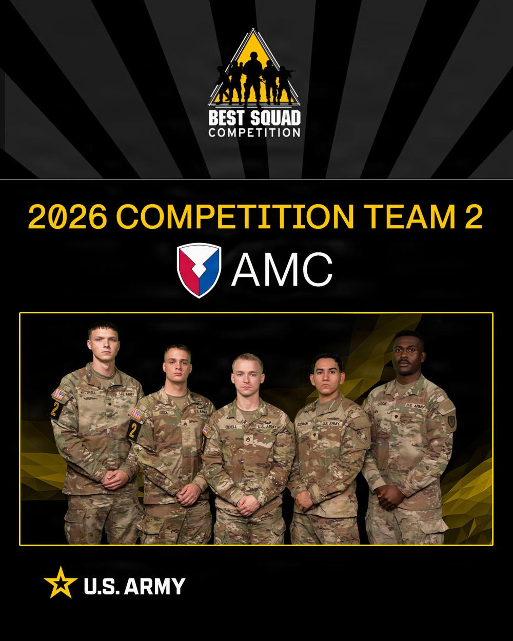 This is an official U.S. Army promotional graphic for the Best Squad Competition, featuring the 2026 Competition Team 2 representing AMC (Army Materiel Command). Five soldiers in Army Combat Uniforms (ACU/OCP pattern) are posed together in a formal team photo. The graphic uses the U.S. Army's black and gold branding scheme.