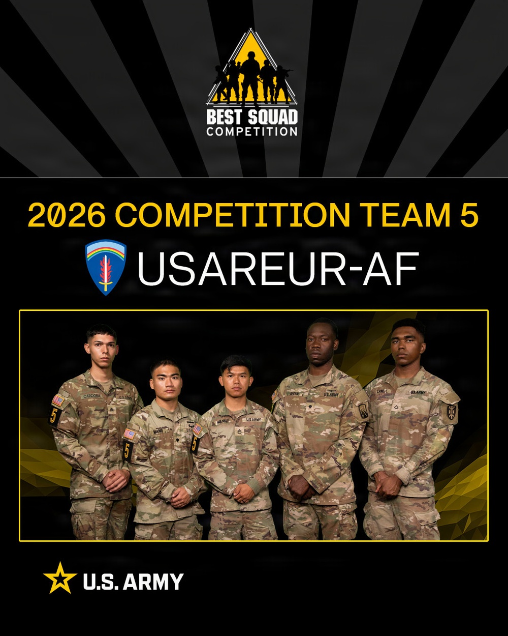 This is an official U.S. Army promotional graphic for the 2026 Best Squad Competition, featuring Competition Team 5 representing USAREUR-AF (U.S. Army Europe and Africa). Five soldiers in Army Combat Uniforms (ACU/OCP pattern) are posed together in a formal team photo. The graphic includes the Best Squad Competition logo, the USAREUR-AF shield insignia, and the U.S. Army branding.