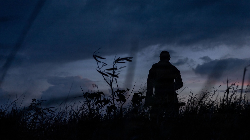 A silhouetted figure stands in an outdoor field or grassland during twilight or dusk, facing away from the camera. The dramatic sky features heavy, dark storm clouds with faint pink and blue hues near the horizon. Wild grasses and plants are visible in the foreground, creating a moody, atmospheric composition.