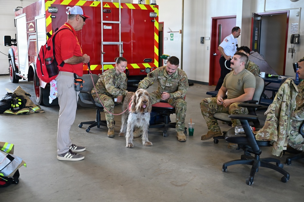 A group of military personnel in camouflage uniforms are gathered inside a fire station bay, interacting with a shaggy dog on a red leash. A civilian in a red shirt and backpack stands nearby, appearing to be the dog's handler. In the background, a red fire/rescue vehicle with yellow chevron markings is visible, along with a person in a white uniform shirt near a doorway.