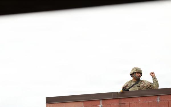 A soldier in camouflage uniform and helmet is visible above the roofline of a red brick building, with one fist raised in the air. The image is captured through a rectangular frame or window opening, giving it a framed-within-a-frame composition. The overcast sky provides a neutral background behind the figure.