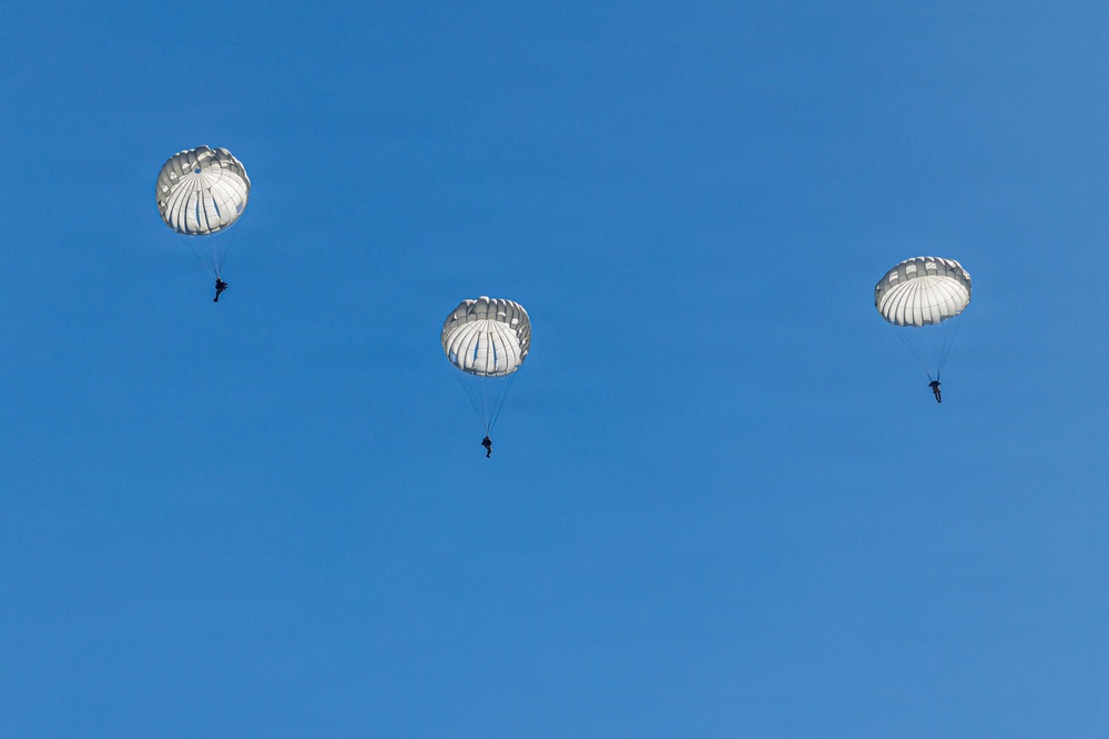 Three paratroopers are descending through a clear blue sky using round, white military-style parachutes. The parachutes appear to be standard round canopy designs consistent with military static-line jumps. The image is taken from below, silhouetting the jumpers against a cloudless sky.