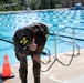 A person wearing wet military camouflage uniform with the number '24' in yellow is bent over at the edge of an outdoor swimming pool, giving a thumbs-up gesture. The individual appears to have just completed a swim event, likely part of a military fitness or competition assessment. An orange traffic cone marks the pool deck area near the metal entry ladder.
