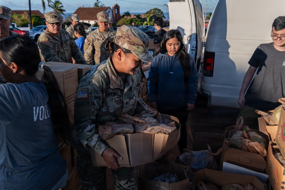 Military personnel and civilians are working together at what appears to be a disaster relief or food distribution operation. A soldier with the name tape 'MARTINEZ' in U.S. Army camouflage uniform is prominently handling cardboard boxes, while other uniformed soldiers and volunteers assist nearby. The setting appears to be an outdoor location near a white van, with multiple boxes of supplies being organized and distributed.