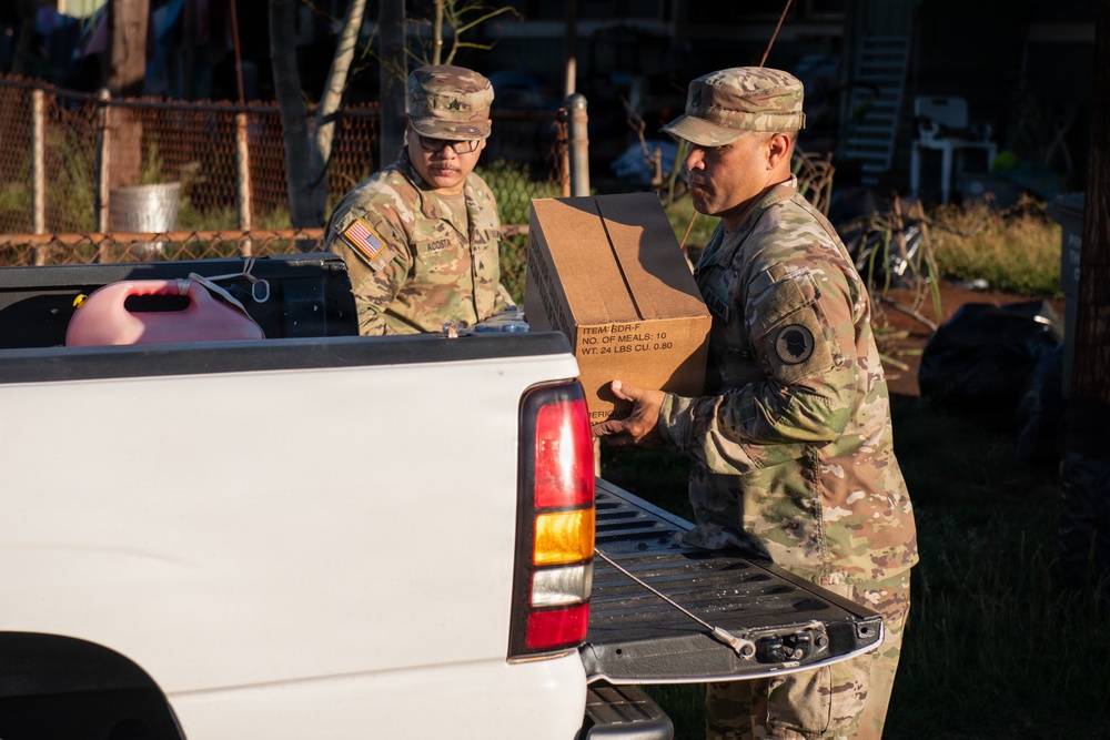 Two U.S. Army soldiers in MultiCam/OCP camouflage uniforms are unloading or distributing supplies from the bed of a white pickup truck. One soldier is carrying a cardboard box labeled 'NO. OF MEALS: 10' and 'WT: 24 LBS', indicating disaster relief or humanitarian aid operations. The setting appears to be a residential area with visible storm or disaster damage in the background.