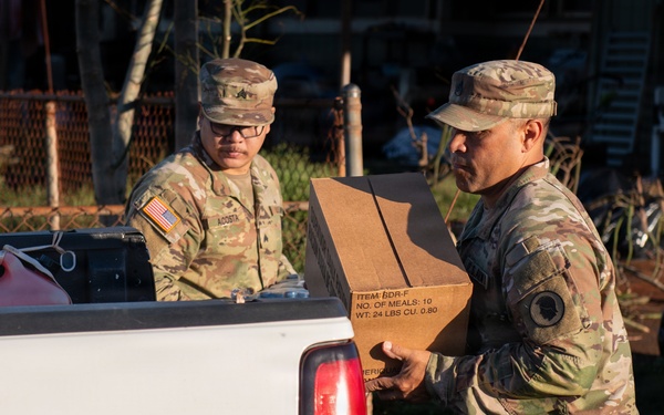 Two U.S. Army soldiers in MultiCam/OCP camouflage uniforms are unloading or distributing supplies from the bed of a white pickup truck. One soldier is carrying a cardboard box labeled 'NO. OF MEALS: 10' and 'WT: 24 LBS', indicating disaster relief or humanitarian aid operations. The setting appears to be a residential area with visible storm or disaster damage in the background.