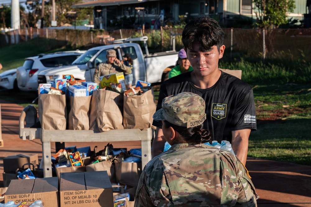 Members of the Hawaii Army National Guard are conducting a food distribution operation outdoors. Personnel in military camouflage uniforms and a civilian volunteer in a Hawaii Army National Guard t-shirt are organizing and distributing pre-packed brown paper bags filled with food items. Cardboard boxes labeled 'SDR-F' with meal count information are visible in the foreground.