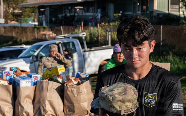 Members of the Hawaii Army National Guard are conducting a food distribution operation outdoors. Personnel in military camouflage uniforms and a civilian volunteer in a Hawaii Army National Guard t-shirt are organizing and distributing pre-packed brown paper bags filled with food items. Cardboard boxes labeled 'SDR-F' with meal count information are visible in the foreground.