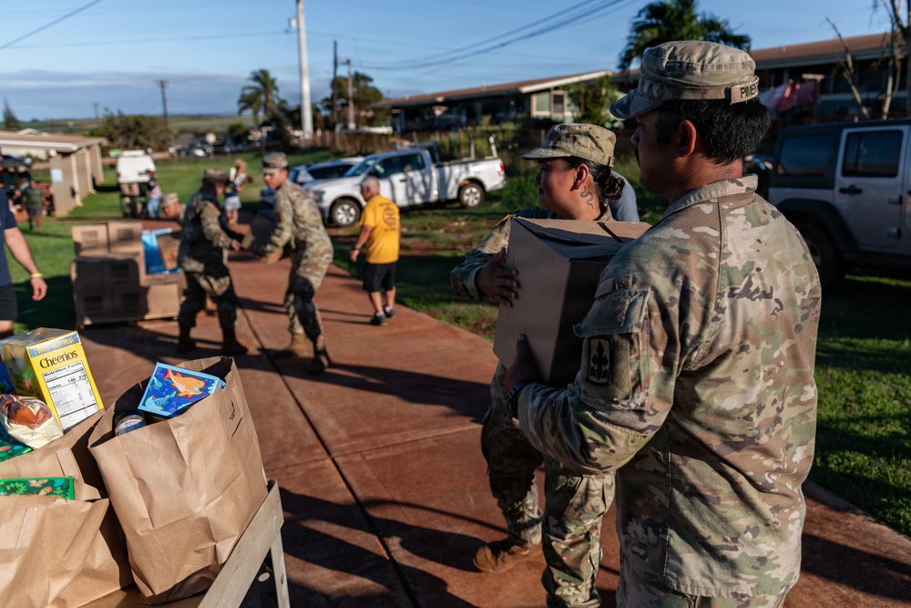 Military personnel in OCP (Operational Camouflage Pattern) uniforms are conducting a food and supply distribution operation in what appears to be a residential area. Soldiers are handling cardboard boxes and paper bags filled with food items, including a visible box of Cheerios cereal. The setting appears to be a disaster relief or community assistance operation, likely in Hawaii based on the tropical vegetation and red soil visible.