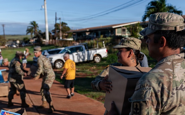 Military personnel in OCP (Operational Camouflage Pattern) uniforms are conducting a food and supply distribution operation in what appears to be a residential area. Soldiers are handling cardboard boxes and paper bags filled with food items, including a visible box of Cheerios cereal. The setting appears to be a disaster relief or community assistance operation, likely in Hawaii based on the tropical vegetation and red soil visible.