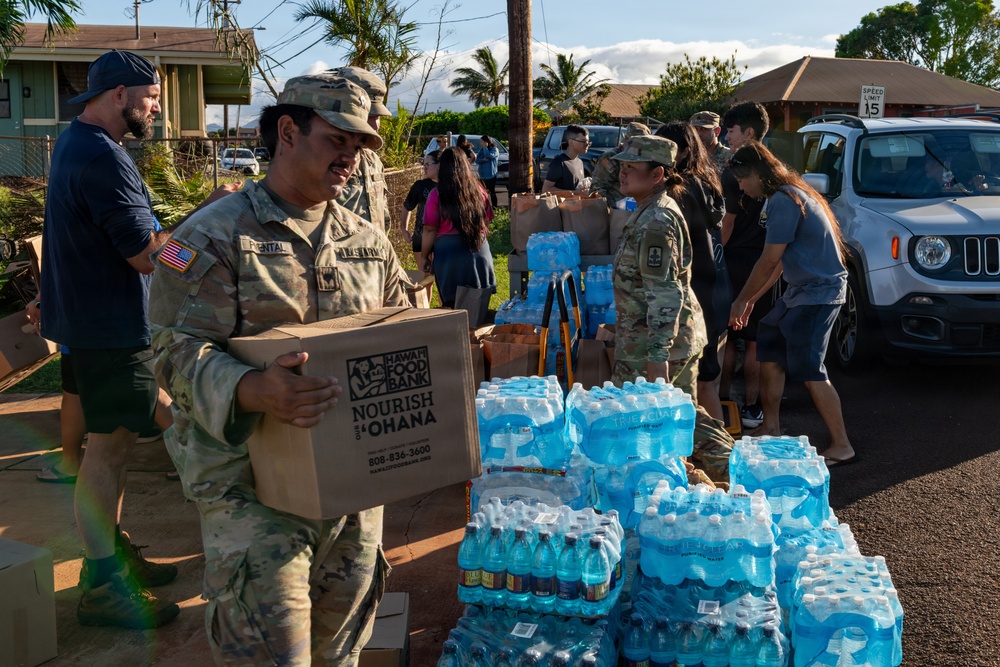 U.S. Army soldiers and civilians are conducting a disaster relief distribution operation, likely in Hawaii based on the 'Hawaii Food Bank - Nourish Our Ohana' box visible in the foreground. A soldier in Army Combat Uniform is carrying a food bank box while multiple cases of bottled water are stacked nearby. The scene suggests an emergency response effort in a residential neighborhood.