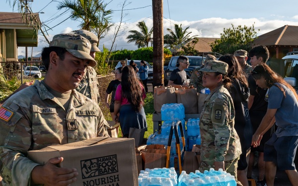 U.S. Army soldiers and civilians are conducting a disaster relief distribution operation, likely in Hawaii based on the 'Hawaii Food Bank - Nourish Our Ohana' box visible in the foreground. A soldier in Army Combat Uniform is carrying a food bank box while multiple cases of bottled water are stacked nearby. The scene suggests an emergency response effort in a residential neighborhood.