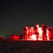 A long-exposure night photograph showing a group of people gathered around a bright red light source outdoors under a clear, star-filled sky. The long exposure has caused motion blur on the figures, giving them a ghostly, ethereal appearance. At least one vehicle is visible in the background, suggesting a remote outdoor location.