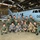 A group of approximately 16 military personnel pose for a group photo inside an aircraft hangar in front of a light blue military aircraft marked '022' and bearing Japanese text '航空自衛隊' (Japan Air Self-Defense Force). The group appears to include both Japanese Air Self-Defense Force members and what appear to be U.S. military personnel in various uniforms, suggesting a joint military exchange or training event. The setting is a well-lit military hangar with industrial overhead structure visible.