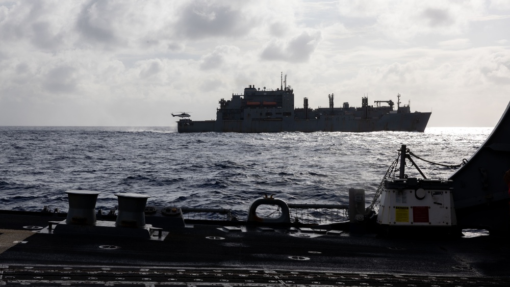 USS Mustin conducts vertical replenishment-at-sea with USNS Cesar Chavez