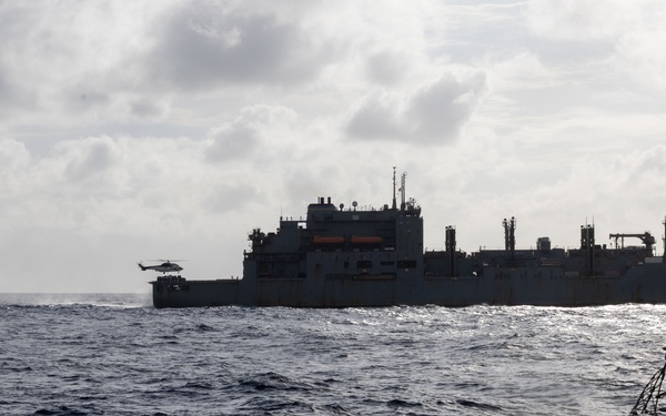 USS Mustin conducts vertical replenishment-at-sea with USNS Cesar Chavez