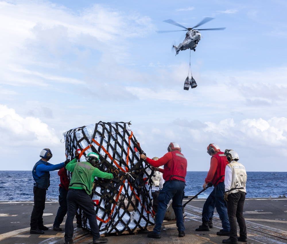 USS Mustin conducts vertical replenishment-at-sea with USNS Cesar Chavez