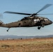 A United States Army UH-60 Black Hawk helicopter (tail number 419) is captured in low-altitude flight over an open grassy field. The helicopter is in olive drab military livery with 'UNITED STATES ARMY' markings visible on the fuselage. Mountains and a power transmission line are visible in the background under a clear blue sky.