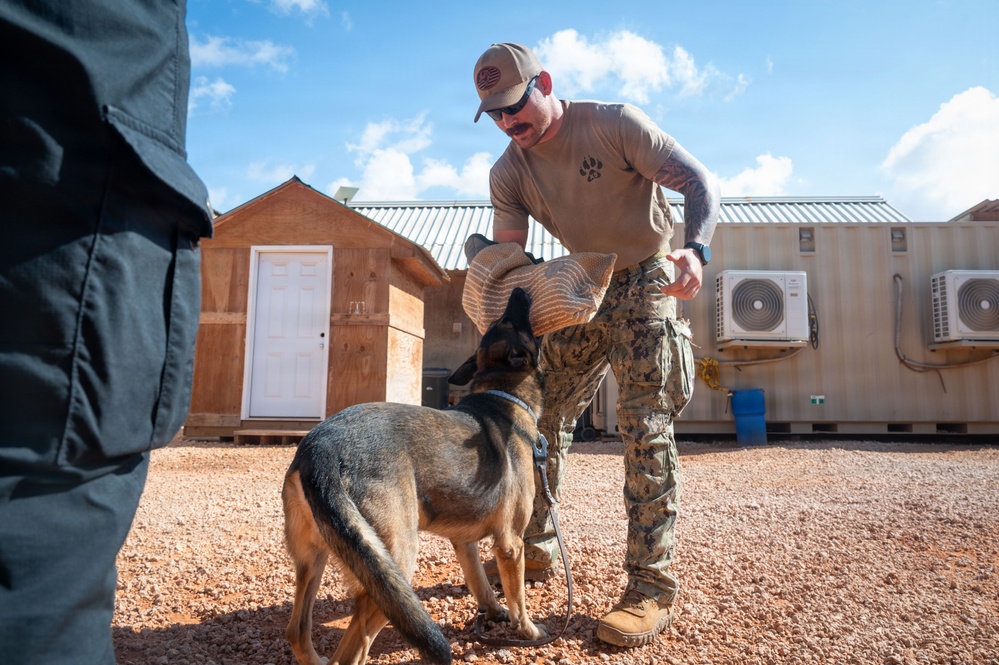 A military or law enforcement handler in camouflage pants and a tan shirt is working with a German Shepherd dog, using a burlap training sleeve or reward toy during what appears to be a K9 training exercise. The setting is an outdoor compound with wooden structures and shipping containers, consistent with a forward operating base or training facility. A second person in dark clothing is partially visible in the foreground.
