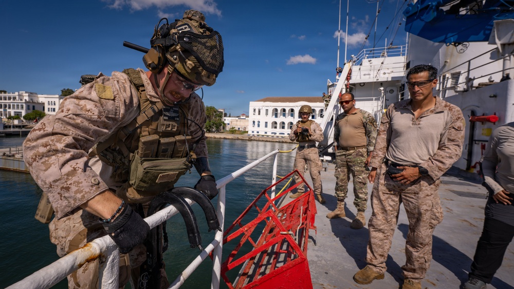 Military personnel, appearing to be U.S. Marines and possibly allied forces, are conducting a maritime boarding or vessel inspection exercise at a port facility. One heavily equipped operator in full tactical gear is climbing over a ship's railing using a red boarding ladder, while several other personnel observe from the dock. The setting appears to be a tropical or Mediterranean-style port with white colonial-style buildings visible in the background.