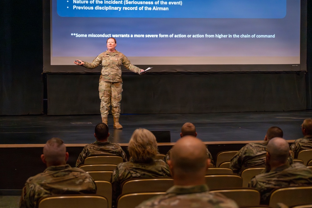 A female military service member in OCP (Operational Camouflage Pattern) uniform is delivering a presentation on a stage to an audience of uniformed personnel seated in rows. The presentation slide behind her discusses disciplinary procedures, referencing 'Airman' which indicates a U.S. Air Force context. The setting appears to be a military auditorium or theater used for training or briefing purposes.