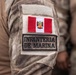 Close-up photograph of a military uniform sleeve displaying two patches on a desert camouflage (MultiCam/arid pattern) uniform. The patches identify the wearer as a member of the Peruvian Marine Corps (Infantería de Marina). A Peruvian national flag patch with the coat of arms is prominently displayed above the unit identification patch.