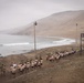 A large group of military personnel in uniform are running along a coastal dirt path toward a gate/arch structure. The sign on the arch reads 'Área de Entrenamiento para Operaciones de Búsqueda y Rescate' (Search and Rescue Operations Training Area), indicating this is a military training facility. The setting features a dramatic arid coastal landscape with steep sandy cliffs, ocean waves, and overcast skies consistent with the Peruvian coast.