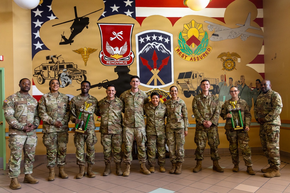 A group of approximately ten U.S. Army soldiers in OCP (Operational Camouflage Pattern) uniforms pose for a formal group photo. Several soldiers are holding trophies, suggesting a recognition or award ceremony. They are standing in front of a large military-themed mural featuring unit insignia, an American flag, military vehicles, and aircraft.