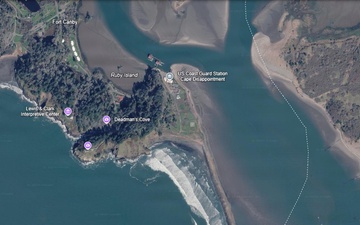 Aerial view highlights the treacherous waters near USCG Station Cape Disappointment