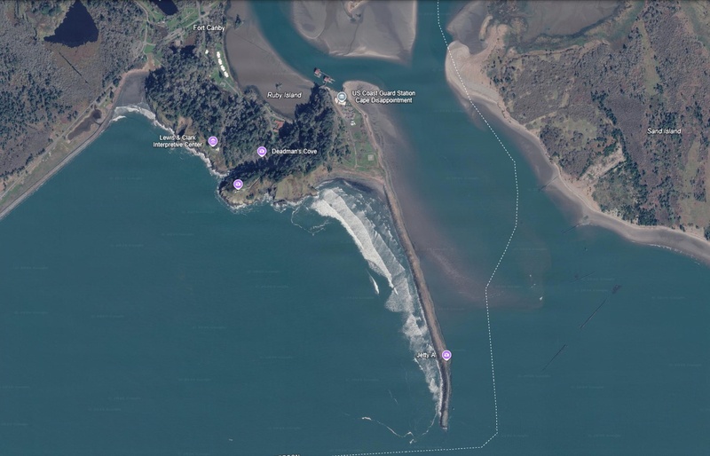 Aerial view highlights the treacherous waters near USCG Station Cape Disappointment