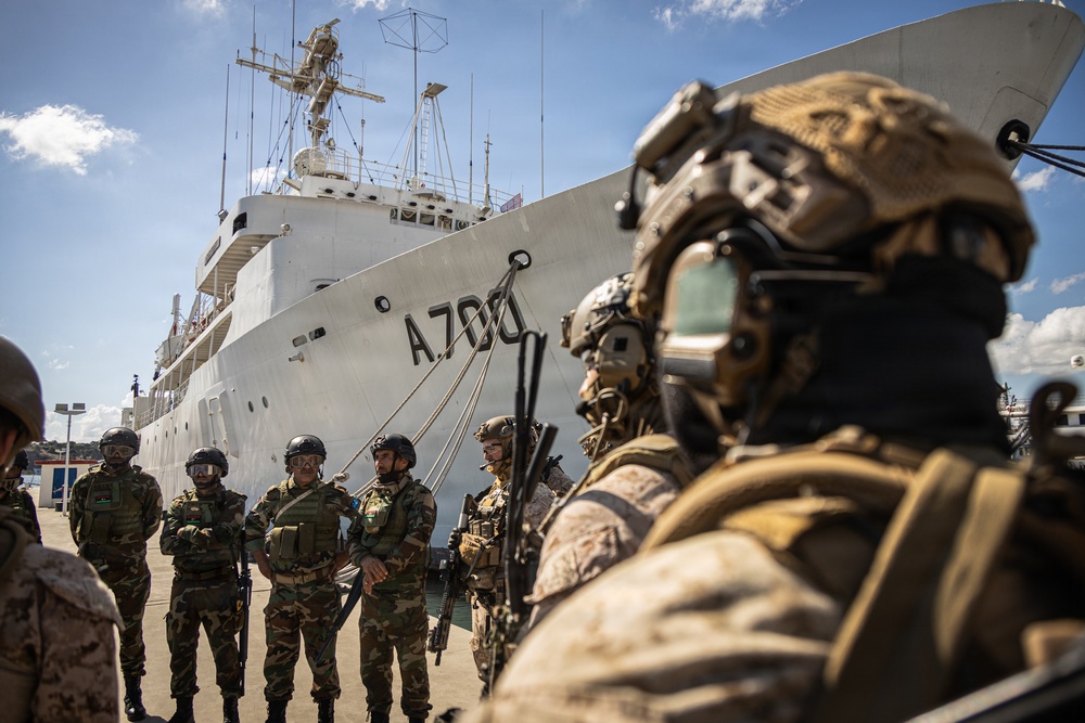 A group of military personnel in mixed uniforms and tactical gear are assembled on a dock in front of a large white naval vessel marked 'A700'. The scene appears to depict a joint military exercise or briefing between forces wearing different camouflage patterns, suggesting a multinational operation. The setting is a port environment under partly cloudy skies.