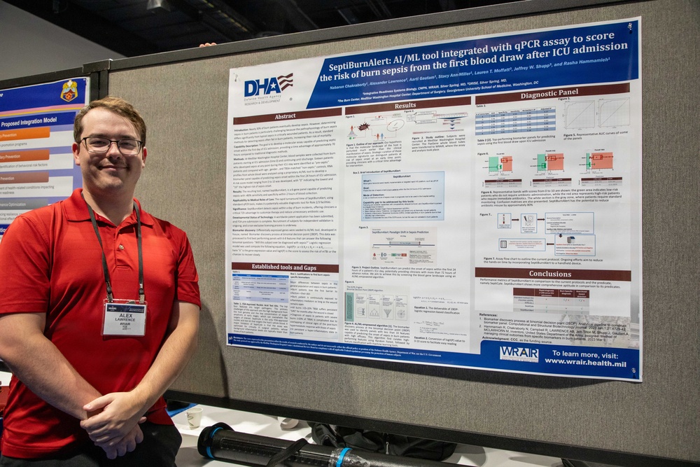 A young man named Alex Lawrence stands beside a large academic research poster at what appears to be a scientific conference or symposium. The poster presents 'SeptiBurnAlert,' an AI/ML tool integrated with qPCR assay to score the risk of burn sepsis from the first blood draw after ICU admission. The poster is affiliated with the Defense Health Agency (DHA) and WRAIR (Walter Reed Army Institute of Research).