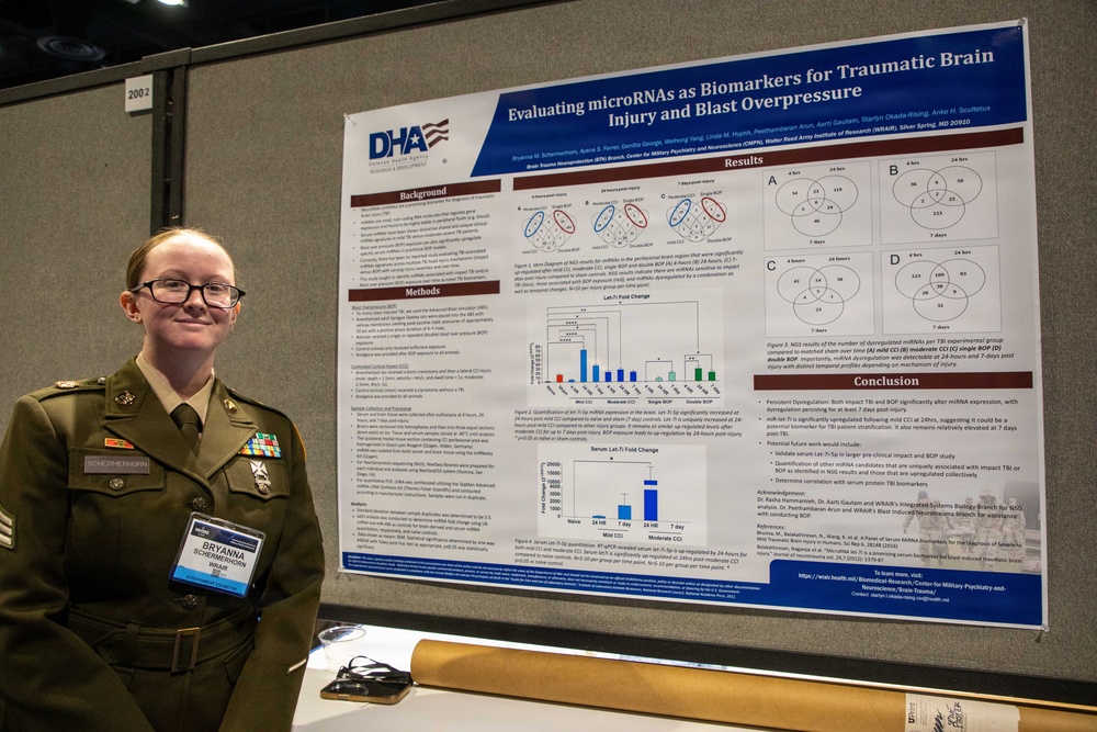 A military service member in Army dress uniform stands beside a scientific research poster at what appears to be an academic or military research conference. The poster is titled 'Evaluating microRNAs as Biomarkers for Traumatic Brain Injury and Blast Overpressure' and is affiliated with the Defense Health Agency (DHA). The presenter's name tag reads 'Bryanna Schermerhorn' and she is associated with WRAIR (Walter Reed Army Institute of Research).
