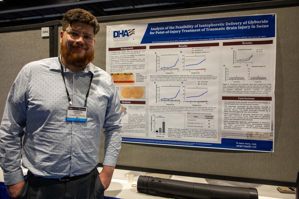 A young man named Joseph Dwyer, identified by his name badge as being from 'The Geneva Foundation,' stands beside a scientific research poster at what appears to be an academic or military medical conference. The poster, sponsored by DHA (Defense Health Agency), presents research on iontophoretic delivery of glyburide for treating traumatic brain injury in swine. The setting appears to be a conference exhibition hall with numbered booth markers visible.