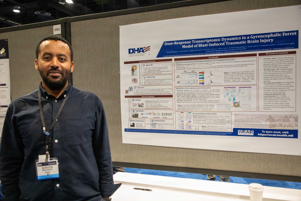A man named Burook Msganaw, as identified by his conference badge, stands beside a scientific research poster at what appears to be an academic or military research conference. The poster is titled 'Dose-Response Transcriptomic Dynamics in a Gyrencephalic Ferret Model of Blast-Induced Traumatic Brain Injury' and features the DHA (Defense Health Agency) logo. The setting is a conference exhibition hall with booth number 2102 visible in the background.