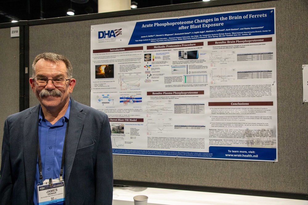 A man named James DeMar, identified by his conference badge, stands in front of a scientific research poster at what appears to be an academic or military research conference. The poster is titled 'Acute Phosphoproteome Changes in the Brain of Ferrets after Blast Exposure' and is affiliated with the Defense Health Agency (DHA). The setting is a conference exhibition hall with numbered booth markers visible in the background.