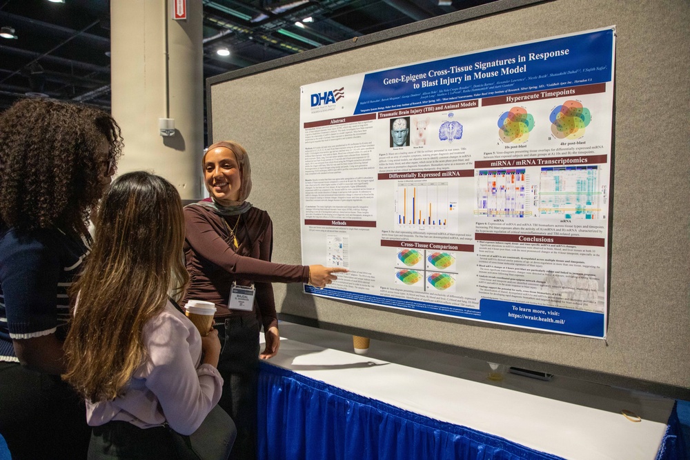 A researcher wearing a hijab is presenting a scientific poster titled 'Gene-Epigene Cross-Tissue Signatures in Response to Blast Injury in Mouse Model' at what appears to be an academic or military research conference. She is pointing at the poster while engaging with two attendees, one of whom is holding a coffee cup. The poster is affiliated with DHA (Defense Health Agency) and covers topics including Traumatic Brain Injury, miRNA/mRNA Transcriptomics, and Cross-Tissue Comparison.
