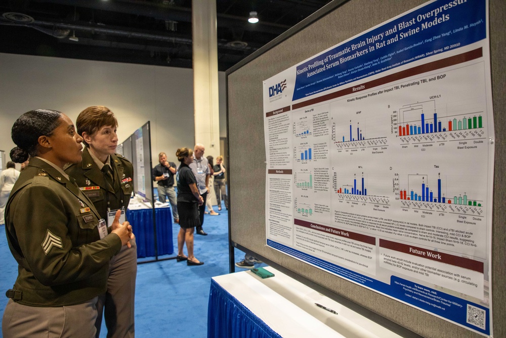 Two U.S. Army soldiers in military uniforms are viewing a scientific research poster at what appears to be a military medical or defense health conference. The poster, displayed on a board, presents research on 'Kinetic Profiling of Traumatic Brain Injury and Blast Overpressure Associated Serum Biomarkers in Rat and Swine Models' under the DHA (Defense Health Agency) banner. The setting is a large convention hall with other attendees and poster displays visible in the background.