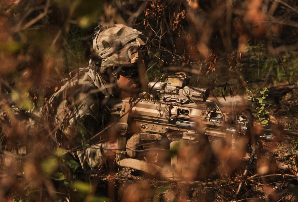 A soldier in full camouflage gear is positioned prone in dense brush, appearing to be in a concealed observation or overwatch position. The individual is equipped with a modern automatic weapon fitted with optical sighting systems. The image is captured through foliage, suggesting either a surveillance perspective or deliberate compositional framing to emphasize concealment.